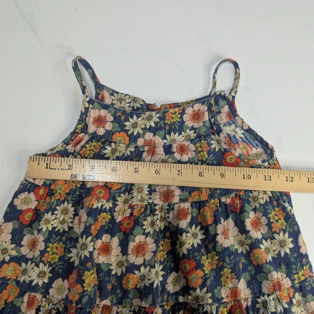 Bonton Paris Girls Calypso Floral Midi Dress 70s Navy Blue Lurex Tiered Size 4
